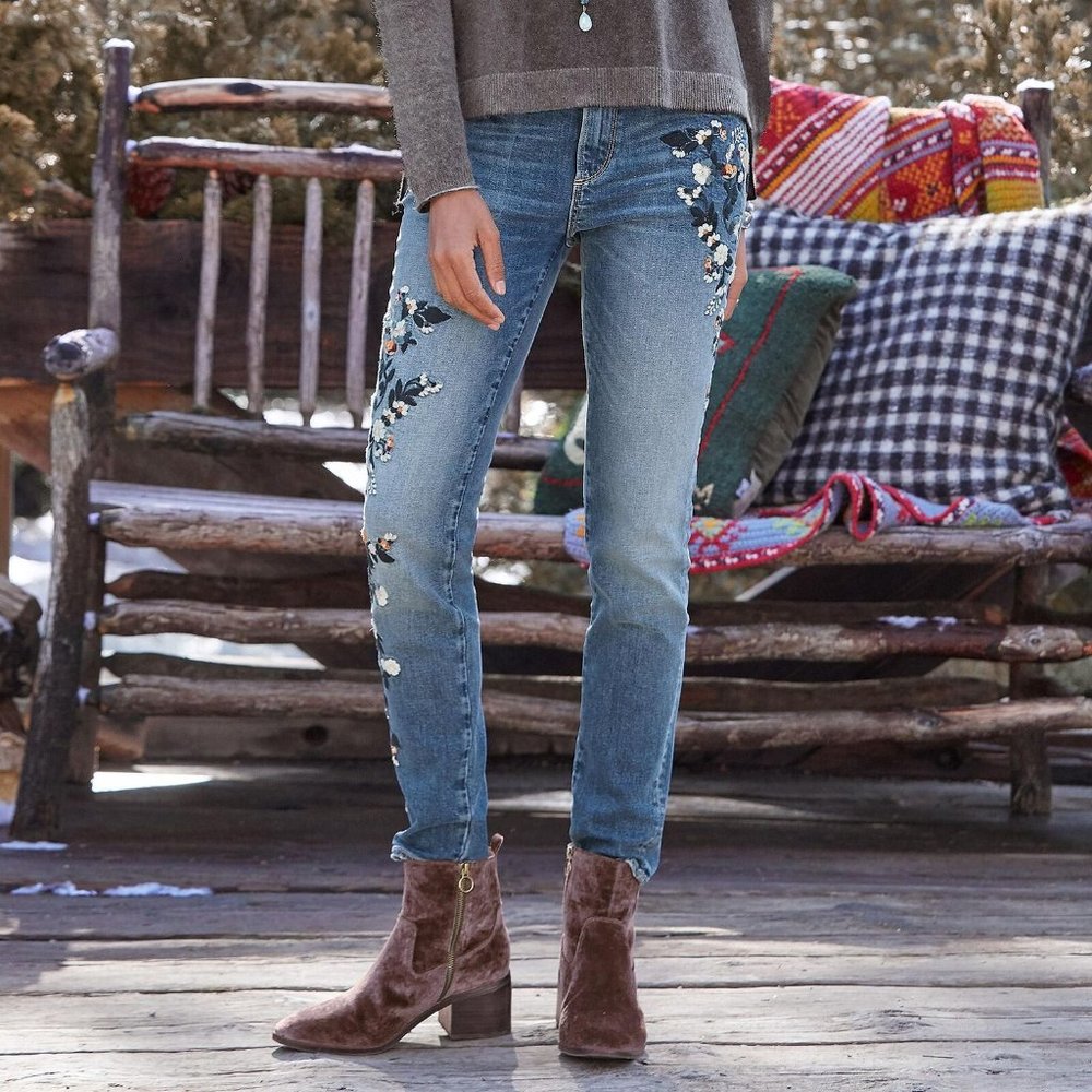 Driftwood Embroidered Jackie Jeans Birds Floral Stretch Women's Size 28 H13262 - Picture 6 of 10